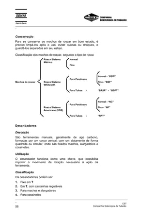 Espírito Santo
_________________________________________________________________________________________________
_



Conservação
Para se conservar os machos de roscar em bom estado, é
preciso limpá-los após o uso, evitar quedas ou choques, e
guardá-los separados em seu estojo.

Classificação dos machos de roscar, segundo o tipo de rosca
                         Rosca Sistema         Normal
                         Métrico
                                               Fina



                                                                        Normal - “BSW”
                                               Para Parafusos
Machos de roscar         Rosca Sistema                                  Fina - “BSF”
                         Whitworth

                                               Para Tubos     -         “BASP” - “BSPT”



                                                                        Normal - “NC”
                                               Para Parafusos
                         Rosca Sistema                                  Fina - “NF”
                         Americano (USS)

                                               Para Tubos     -         “NPT”



Desandadores

Descrição
São ferramentas manuais, geralmente de aço carbono,
formadas por um corpo central, com um alojamento de forma
quadrada ou circular, onde são fixados machos, alargadores e
cossinetes.

Utilização
O desandador funciona como uma chave, que possibilita
imprimir o movimento de rotação necessário à ação da
ferramenta.

Classificação
Os desandadores podem ser:
1.    Fixo em T
2.    Em T, com castanhas reguláveis
3.    Para machos e alargadores
4.    Para cossinetes
_________________________________________________________________________________________________
_
                                                                                               CST
56                                                                 Companhia Siderúrgica de Tubarão
 