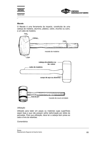 Espírito Santo
_________________________________________________________________________________________________
_



Macete
O Macete é uma ferramenta de impacto, constituída de uma
cabeça de madeira, alumínio, plástico, cobre, chumbo ou outro,
e um cabo de madeira.




                                     macete de madeira




                                          macete de couro enrolado




Utilização
Utilizado para bater em peças ou materiais cujas superfícies
sejam lisas e que não possam sofrer deformação por efeito de
pancadas. Para sua utilização, deve ter a cabeça bem presa ao
cabo e livre de rebarbas.

Comentários


_________________________________________________________________________________________________
_
SENAI
Departamento Regional do Espírito Santo                                                       69
 