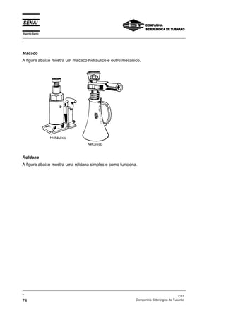 Espírito Santo
_________________________________________________________________________________________________
_



Macaco
A figura abaixo mostra um macaco hidráulico e outro mecânico.




Roldana
A figura abaixo mostra uma roldana simples e como funciona.




_________________________________________________________________________________________________
_
                                                                                               CST
74                                                                 Companhia Siderúrgica de Tubarão
 