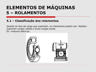 ELEMENTOS DE MÁQUINAS
5 – ROLAMENTOS
5.1 – Classificação dos rolamentos
Quanto ao tipo de carga que suportam, os rolamentos podem ser: Radiais -
suportam cargas radiais e leves cargas axiais.
Ex: motores elétricos.
 
