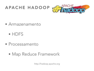 A PA C H E H A D O O P
• Armazenamento
• HDFS
• Processamento
• Map Reduce Framework
30
http://hadoop.apache.org
 