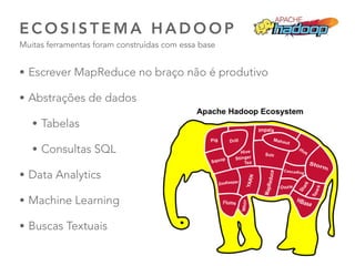 36
• Escrever MapReduce no braço não é produtivo
• Abstrações de dados
• Tabelas
• Consultas SQL
• Data Analytics
• Machine Learning
• Buscas Textuais
E C O S I S T E M A H A D O O P  
Muitas ferramentas foram construídas com essa base
 