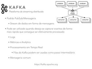 K A F K A
Plataforma de streaming distribuido
47
https://kafka.apache.org
• Padrão PubSub/Mensageria
• Stream de dados em forma de mensagens
• Pode ser utilizado quando deseja-se capturar eventos de forma
mais rápida que consegue ser efetivamente processado
• Logs
• Métricas e Analytics
• Processamento em Tempo Real
• Filas do Kafka podem ser usadas como passo intermediário
• Mensageria comum
 