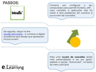 PASSOS: Comece por configurar o seu
computador para permitir ficheiros JAR;
caso contrário a aplicação não irá
correr e terá problemas em construir a
sua nuvem de conceitos
De seguida, clique no link -
wordle.net/create – e comece a digitar
as palavras que deseja que apareçam
na sua nuvem
Para uma nuvem de conceitos ainda
mais personalizada e ao seu gosto,
explore a opção “Advanced”, na barra
do menu principal
. . . . . . . . . . . . . . . . . . . . . . . . . . . . . . .
. . . . . . . . . . . . . . . . . . . . . . . . . . . . . . . . .
. . . . . . . . . . . . . . . . . . . . . . . . . . . . . . .
. . . . . . . . . . . . . . . . . . . . . . . . . . . . . . . . .
 