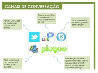 CANAIS DE CONVERSAÇÃO
Partilhe um tweet
de motivação
com os seus
alunos
Converse, partilhe
documentos ou
faça conferências
de voz
Faça chamadas
de forma gratuita
com o Skype
Abra uma janela
de conversação
no msn e tire
dúvidas
Este widget permite, a
quem visita o seu site ou
blogue, abrir o chat
directamente para
conversar consigo
 