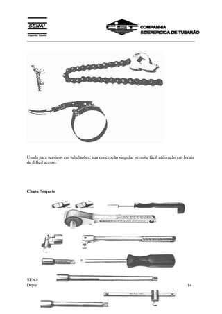 ___________________________________________________________________________
SENAI
Departamento Regional do Espírito Santo 14
Usada para serviços em tubulações; sua concepção singular permite fácil utilização em locais
de difícil acesso.
Chave Soquete
 