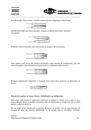 ___________________________________________________________________________
SENAI
Departamento Regional do Espírito Santo 31
Fios alternados. Menor atrito. Facilita a penetração do refrigerante e lubrificante,
Entrada helicoidal, para furos passantes. Empurra as aparas para frente, durante o
roscamento.
Ranhuras curtas helicoidais, para roscamento de chapas e furos passantes.
Estes machos para roscar são também conhecidos como machos de conformação, pois não
removem aparas e são utilizados em materiais que se deformam plasticamente.
Ranhuras ligeiramente helicoidais à esquerda, para roscar furos passantes na fabricação de
porcas.
Seleção dos machos de roscar, brocas e lubrificantes ou refrigerantes
Para roscar com machos é importante selecionar os machos e a broca com a qual se deve
fazer a furação. Deve-se também selecionar o tipo de lubrificante ou refrigerante que se usará
durante a abertura da rosca.
De um modo geral, escolhemos os machos de roscar de acordo com as especificações do
desenho da peça que estamos trabalhando ou de acordo com as instruções recebidas.
 