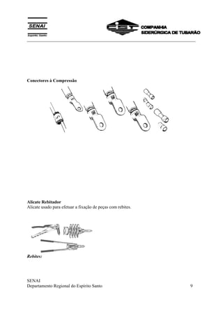 ___________________________________________________________________________
SENAI
Departamento Regional do Espírito Santo 9
Conectores à Compressão
Alicate Rebitador
Alicate usado para efetuar a fixação de peças com rebites.
Rebites:
 