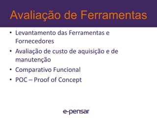 Avaliação de Ferramentas1º IBM – Websphere Portal2º Microsoft – SharePoint3º Lumis – Lumis Portal(MarketShare)EMC – DocumentumVignetteOracle – UCM e Weblogic PortalGartnerGroup - ECMIDC – Enterprise Portals21www.e-pensar.com.br