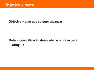 Objetivo x meta
Objetivo = algo que se quer alcançar
Meta = quantificação desse alvo e o prazo para
atingi-lo
 