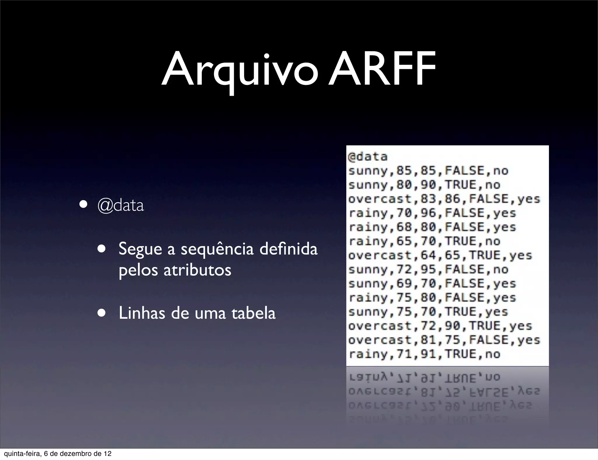 Arquivo ARFF

                     • @data
                       • Segue a sequência deﬁnida
                                    pelos atributos

                            •       Linhas de uma tabela




quinta-feira, 6 de dezembro de 12
 