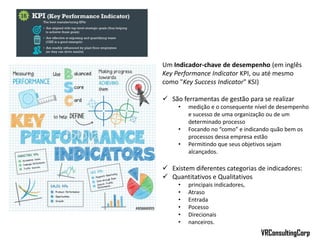 Um Indicador-chave de desempenho (em inglês
Key Performance Indicator KPI, ou até mesmo
como "Key Success Indicator" KSI)
 São ferramentas de gestão para se realizar
• medição e o consequente nível de desempenho
e sucesso de uma organização ou de um
determinado processo
• Focando no “como” e indicando quão bem os
processos dessa empresa estão
• Permitindo que seus objetivos sejam
alcançados.
 Existem diferentes categorias de indicadores:
 Quantitativos e Qualitativos
• principais indicadores,
• Atraso
• Entrada
• Pocesso
• Direcionais
• nanceiros.
VRConsultingCorp
 