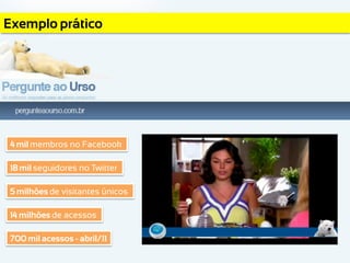 Exemplo prático




4 mil membros no Facebook

18 mil seguidores no Twitter

5 milhões de visitantes únicos

14 milhões de acessos

700 mil acessos - abril/11
 