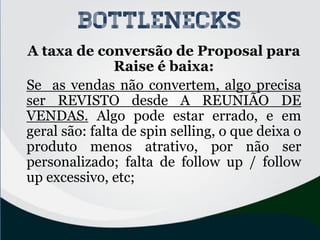 A taxa de conversão de Proposal para
Raise é baixa:
Se as vendas não convertem, algo precisa
ser REVISTO desde A REUNIÃO DE
VENDAS. Algo pode estar errado, e em
geral são: falta de spin selling, o que deixa o
produto menos atrativo, por não ser
personalizado; falta de follow up / follow
up excessivo, etc;
bottlenecks
 