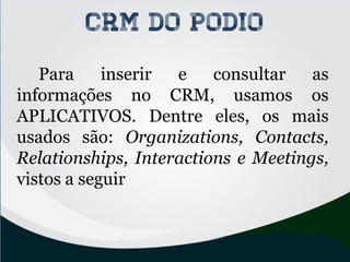Para inserir e consultar as
informações no CRM, usamos os
APLICATIVOS. Dentre eles, os mais
usados são: Organizations, Contacts,
Relationships, Interactions e Meetings,
vistos a seguir
CRM do PODIO
 