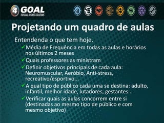 Entendenda o que tem hoje.
Média de Frequência em todas as aulas e horários
nos últimos 2 meses
Quais professores as ministram
Definir objetivos principais de cada aula:
Neuromuscular, Aeróbio, Anti-stress,
recreativo/esportivo...
A qual tipo de público cada uma se destina: adulto,
infantil, melhor idade, lutadores, gestantes...
Verificar quais as aulas concorrem entre si
(destinadas ao mesmo tipo de público e com
mesmo objetivo)
Projetando um quadro de aulas
 