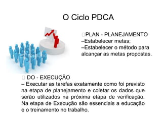 O Ciclo PDCA
⮚PLAN - PLANEJAMENTO
–Estabelecer metas;
–Estabelecer o método para
alcançar as metas propostas.
⮚ DO - EXECUÇÃO
– Executar as tarefas exatamente como foi previsto
na etapa de planejamento e coletar os dados que
serão utilizados na próxima etapa de verificação.
Na etapa de Execução são essenciais a educação
e o treinamento no trabalho.
 