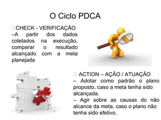 O Ciclo PDCA
⮚CHECK - VERIFICAÇÃO
–A partir dos dados
coletados na execução,
comparar o resultado
alcançado com a meta
planejada
⮚ ACTION – AÇÃO / ATUAÇÃO
– Adotar como padrão o plano
proposto, caso a meta tenha sido
alcançada.
– Agir sobre as causas do não
alcance da meta, caso o plano não
tenha sido efetivo.
 