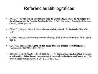Referências Bibliográficas
• AKAO, Y. Introdução ao Desdobramento da Qualidade, Manual de Aplicação do
Desdobramento da Função Qualidade, Vol. 1. Belo Horizonte, Fundação Cristiano
Ottoni , 1990. pp. 1-4.
• CAMPOS, Vicente Falconi. Gerenciamento da Rotina do Trabalho do Dia-a-Dia.
1994.
• COBRA, Marcos. Administração de marketing. 2 ed. São Paulo: Editora Atlas, 1992.
806 p.
• COSTA, Moacir Lisboa. Como imitar os japoneses e crescer (sem frescuras).
Florianópolis:EDEME, 1991, 238 p.
• DEBUSK, G. K.; BROWN, R. M.; KILLOUGH, L. N. Components and relative weights
in utilization of dashboard measurement system like the Balanced Scorecard. The
British Accounting Review, n. 35, p. 215-231, 2003.
 