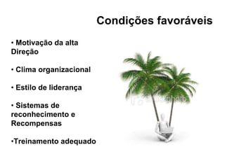 Condições favoráveis
• Motivação da alta
Direção
• Clima organizacional
• Estilo de liderança
• Sistemas de
reconhecimento e
Recompensas
•Treinamento adequado
 