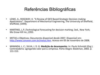Referências Bibliográficas
• LOWE, A., RIDGWAY, K. “A Review of QFD Based Strategic Decision-making
Applications”. Department of Mechanical Engineering, The University of Sheffield,
Sheffield, [1999].
• MARTINO, J.,P.;Technological forecasting for decision marking; 3ed., New York;
Me Graw-Hill Inc.;1993.
• METAS e Objetivos; Documento disponível desde 2007. Disponível em:
http://www.conaven.com.br/metas.htm. Acesso em 05 de novembro de 2008.
• MIRANDA, L. C.; SILVA, J. D. G. Medição de desempenho. In: Paulo Schmidt (Org.).
Controladoria: agregando valor para a empresa. Porto Alegre: Bookman, 2002. p.
131-153.
 
