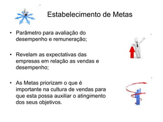 Estabelecimento de Metas
• Parâmetro para avaliação do
desempenho e remuneração;
• Revelam as expectativas das
empresas em relação as vendas e
desempenho;
• As Metas priorizam o que é
importante na cultura de vendas para
que esta possa auxiliar o atingimento
dos seus objetivos.
 
