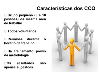 Características dos CCQ
⮚ Grupo pequeno (5 a 10
pessoas) da mesma área
de trabalho
⮚ Todos voluntários
⮚ Reuniões durante o
horário de trabalho
⮚ Há treinamento prévio
da metodologia
⮚Os resultados são
apenas sugestões
 