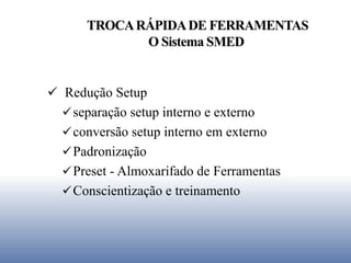  Redução Setup
separação setup interno e externo
conversão setup interno em externo
Padronização
Preset - Almoxarifado de Ferramentas)
Conscientização e treinamento
TROCARÁPIDADE FERRAMENTAS
O Sistema SMED
 