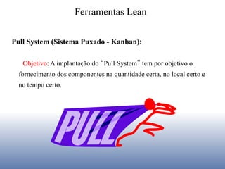 Objetivo: A implantação do “Pull System” tem por objetivo o
fornecimento dos componentes na quantidade certa, no local certo e
no tempo certo.
Pull System (Sistema Puxado - Kanban):
Ferramentas Lean
 