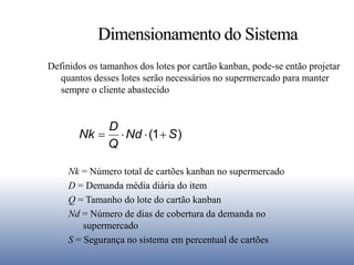 Definidos os tamanhos dos lotes por cartão kanban, pode-se então projetar
quantos desses lotes serão necessários no supermercado para manter
sempre o cliente abastecido
Dimensionamento do Sistema
)1( SNd
Q
D
Nk 
Onde
Nk = Número total de cartões kanban no supermercado
D = Demanda média diária do item
Q = Tamanho do lote do cartão kanban
Nd = Número de dias de cobertura da demanda no
supermercado
S = Segurança no sistema em percentual de cartões
 
