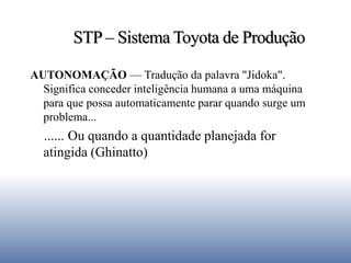 STP – Sistema Toyota de Produção
AUTONOMAÇÃO — Tradução da palavra "Jidoka".
Significa conceder inteligência humana a uma máquina
para que possa automaticamente parar quando surge um
problema...
...... Ou quando a quantidade planejada for
atingida (Ghinatto)
 