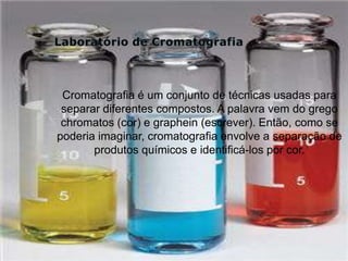 Cromatografia é um conjunto de técnicas usadas para
 separar diferentes compostos. A palavra vem do grego
 chromatos (cor) e graphein (escrever). Então, como se
poderia imaginar, cromatografia envolve a separação de
       produtos químicos e identificá-los por cor.
 