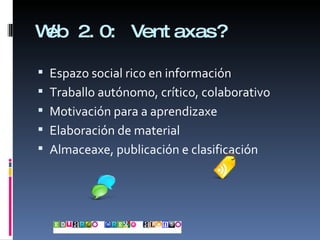 Web 2.0: Ventaxas? Espazo social rico en información Traballo autónomo, crítico, colaborativo Motivación para a aprendizaxe Elaboración de material Almaceaxe, publicación e clasificación 