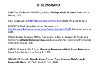 BARBOSA, Elisabete e GRANADO, António. Weblogs, diário de bordo, Porto: Porto
Editora, 2004.
Blog. Disponível em http://pt.wikipedia.org/wiki/Blog Acesso em junho de 2013.
FIORENTIN, Marli. Blogs Educativos. Disponível em
http://www.slideshare.net/ntebrusque/blogs-educativos-53405 Acesso em junho de
2013.
BIBLIOGRAFIA
SOUSA, Robson Pequeno; MOITA, Filomena M. C da S. C.; CARVALHO, Ana Beatriz
Gomes; Tecnologias Digitais na Educação, Campina Grande: Editora da Universidade
Estadual da Paraíba, 2011.
CARVALHO, Ana Amélia A (org). Manual de Ferramentas Web 2.0 para Professores,
Braga, Editor Ministério da Educação, 2008.
NAKAMURA, Rodolfo. Moodle: Como Criar um Curso Usando a Plataforma de
Ensino à Distância, São Paulo, Farol do Forte, 2009.
 