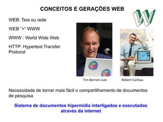 CONCEITOS E GERAÇÕES WEB
WEB: Teia ou rede
WEB “=“ WWW
WWW : World Wide Web
Sistema de documentos hipermídia interligados e executados
através da internet
Necessidade de tornar mais fácil o compartilhamento de documentos
de pesquisa
Tim Berners-Lee Robert Cailliau
HTTP: Hypertext Transfer
Protocol
 