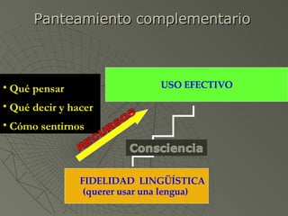 Qué pensar Qué decir y hacer Cómo sentirnos  Panteamiento complementario RECURSOS FIDELIDAD  LINGÜÍSTICA (querer usar una lengua)   USO EFECTIVO 