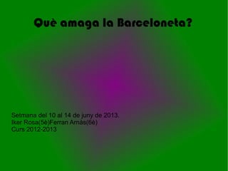 Què amaga la Barceloneta?
Setmana del 10 al 14 de juny de 2013.
Iker Rosa(5è)Ferran Arnàs(6è)
Curs 2012-2013
 