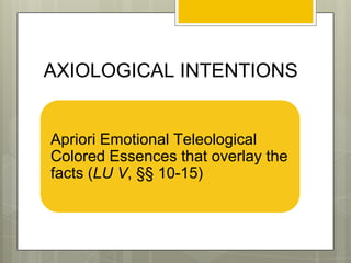 AXIOLOGICAL INTENTIONS
Apriori Emotional Teleological
Colored Essences that overlay the
facts (LU V, §§ 10-15)
 