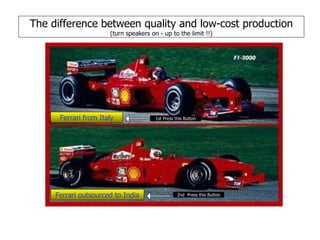 The difference between quality and low-cost production
                      (turn speakers on - up to the limit !!)




      Ferrari from Italy               1st Press this Button




     Ferrari outsourced to India                  2nd Press this Button
 