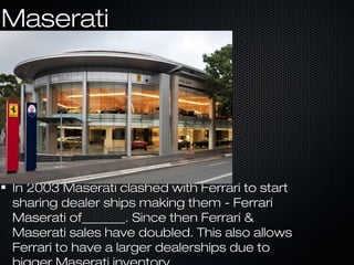 MaseratiMaserati
In 2003 Maserati clashed with Ferrari to startIn 2003 Maserati clashed with Ferrari to start
sharing dealer ships making them - Ferrarisharing dealer ships making them - Ferrari
Maserati of_______. Since then Ferrari &Maserati of_______. Since then Ferrari &
Maserati sales have doubled. This also allowsMaserati sales have doubled. This also allows
Ferrari to have a larger dealerships due toFerrari to have a larger dealerships due to
 