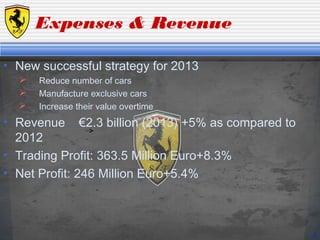 Expenses & Revenue
• New successful strategy for 2013
 Reduce number of cars
 Manufacture exclusive cars
 Increase their value overtime
• Revenue €2.3 billion (2013) +5% as compared to
2012
• Trading Profit: 363.5 Million Euro+8.3%
• Net Profit: 246 Million Euro+5.4%
8
 