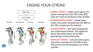 ENGINE FOUR-STROKE
• INTAKE STROKE = intake valve opens, the
piston moving from the TDC to the BDC
pulls the mixture (air/fuel) in the cylinder.
• COMPRESSION STROKE = intake valve
closes, the piston moving from the BDC to
the TDC compresses the mixture.
• POWER STROKE = the spark plug ignites
the compressed mixture, this explosion
forces the piston down to the BDC
generating a mechanical work.
• EXHAUST STROKE = exhaust valve opens,
the piston moving from the BDC to the
TDC pushes the burned gases out of the
cylinder.
Otto cycle
Four-stroke
 