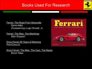 Books Used For Research



Ferrari: The Road From Maranello
    Denis Adler
    (Foreword by) Luigi Chinetti, Jr.

Ferrari: The Man, The Machines
    Stan Grayson

Enzo Ferrari 50 Years of Motoring
PieroCasucci

Enzo Ferrari: The Man, The Cars, The Races
    Brock Yates
 