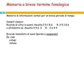 Memoria a breve termine fonologica
23

     Memoria di informazioni verbali per un breve periodo di tempo.

     Compiti classici:
     Ricordo di cifre in avanti Ascolta 2 5 1 8 6 R. 2 5 1 8 6
     e all’indietro es. Ascolta 4 9 6 2 R. 2 6 9 4

     Ricordo immediato di suoni (parole e nonparole)
     Es. cide
        cotapi
        tafuno
 
