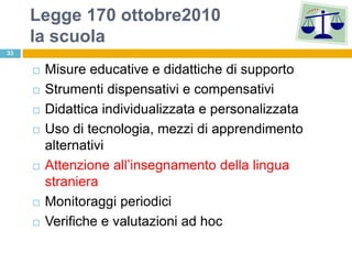 Legge 170 ottobre2010
     la scuola
33


        Misure educative e didattiche di supporto
        Strumenti dispensativi e compensativi
        Didattica individualizzata e personalizzata
        Uso di tecnologia, mezzi di apprendimento
         alternativi
        Attenzione all‟insegnamento della lingua
         straniera
        Monitoraggi periodici
        Verifiche e valutazioni ad hoc
 