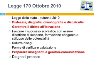 Legge 170 Ottobre 2010 Legge dello stato , autunno 2010 Dislessia, disgrafia, disortografia e discalculia Garantire il diritto all’istruzione Favorire il successo scolastico con misure didattiche di supporto, formazione adeguata e sviluppo delle potenzialità Ridurre disagi Forme di verifica e valutazione  adeguate Preparare insegnanti e genitori-comunicazione Diagnosi precoce   