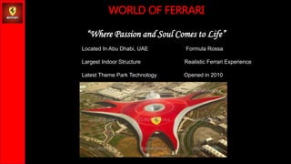 WORLD OF FERRARI
Where Passion and Soul Comes to Life
Located In Abu Dhabi, UAE Formula Rossa
Largest Indoor Structure Realistic Ferrari Experience
Latest Theme Park Technology Opened in 2010
 