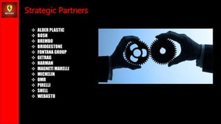 Strategic Partners
? ALDER PLASTIC
? BOSH
? BREMBO
? BRIDGESTONE
? FONTANA GROUP
? GETRAG
? HARMAN
? MAGNETI MARELLI
? MICHELIN
? OMR
? PIRELLI
? SHELL
? WEBASTO
 