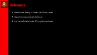 Reference
? The Ultimate History of Ferrari-2002-Brian Laban
? https://en.wikipedia.org/wiki/Ferrari
? http://auto.ferrari.com/en_EN/ongoing-heritage/
 