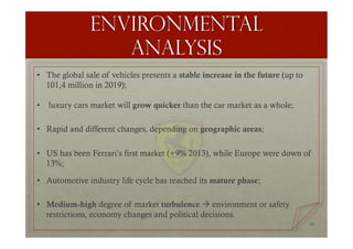 Environmental
analysis
•  The global sale of vehicles presents a stable increase in the future (up to
101,4 million in 2019);
•  luxury cars market will grow quicker than the car market as a whole;
•  Rapid and different changes, depending on geographic areas;
•  US has been Ferrari’s first market (+9% 2013), while Europe were down of
13%;
•  Automotive industry life cycle has reached its mature phase;
•  Medium-high degree of market turbulence à environment or safety
restrictions, economy changes and political decisions.
10
 